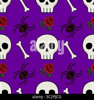 Seamless vector pattern with skulls, spiders, roses, and bones on a purple background, perfect for Halloween or gothic designs. Stock Vector