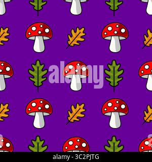 Seamless vector pattern featuring vibrant red toadstools with white spots and stylized oak leaves on a rich purple background, creating a playful autu Stock Vector