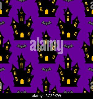 Seamless vector Halloween pattern with spooky haunted houses and bats on a purple background, perfect for festive designs and decorations. Stock Vector