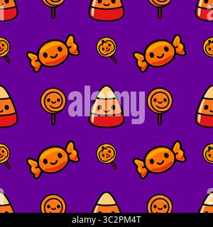 Seamless vector pattern with cute Halloween candy corn, lollipops and wrapped candies on a vibrant purple background, perfect for festive designs. Stock Vector