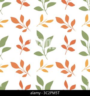 A vector seamless pattern featuring stylized leaves in various shades of green, orange, and yellow on a white background. The design is modern and sui Stock Vector