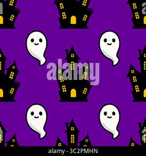 Seamless vector Halloween pattern featuring cute ghosts and whimsical haunted houses on a vibrant purple background, perfect for festive designs. Stock Vector