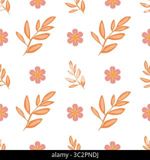 A vector seamless pattern featuring orange leaves and pink flowers on a white background. The design is cheerful and suitable for various applications Stock Vector