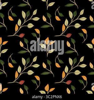 A vector seamless pattern featuring stylized floral elements with leaves and buds in shades of green, orange, and red on a black background. Stock Vector