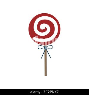 Red and white spiral lollipop. Vector flat illustration of candy. New Year bright striped lollipop. Sweet pink round candy Stock Vector