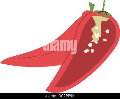 Red chili pepper slice with seeds and green stem illustration. Stock Vector