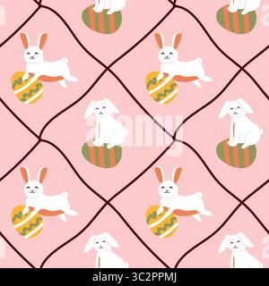 Cute easter bunny pattern with eggs on pink background. Cute easter elements on diagonal grid background Stock Vector