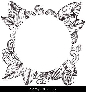 Vector round frame of cashew nuts, almonds, walnuts, pecans, leaves. All objects are hand-drawn with ink. The illustration is suitable for printing on Stock Vector