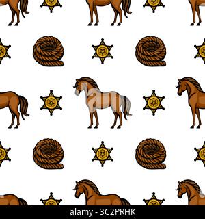 A seamless vector vector pattern featuring cartoon-style horses, sheriff stars, and ropes on a white background. The horses are brown, the stars are g Stock Vector