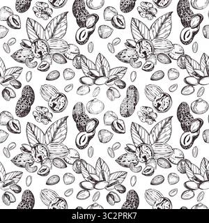 Seamless vector pattern of nuts, pistachios, walnuts, peanuts, hazelnuts, tree leaves. All objects are hand-drawn with ink. The illustration is Stock Vector