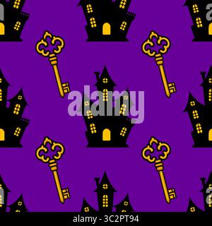 Seamless vector Halloween pattern featuring ornate golden keys and spooky black haunted houses against a vibrant purple backdrop, creating a playfully Stock Vector