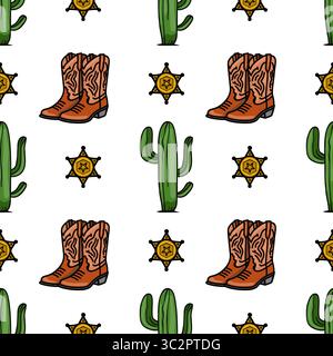 A repeating vector vector pattern featuring cowboy boots, cacti, and sheriff stars, ideal for western-themed designs. Stock Vector