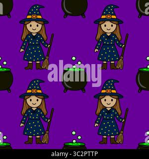 Seamless vector pattern featuring a cute cartoon witch with a broom and a cauldron brewing a green potion on a vibrant purple background, perfect for Stock Vector