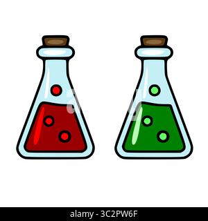 A vector illustration of two cartoon Erlenmeyer flasks filled with red and green liquids, featuring cork stoppers and floating bubbles, suitable for H Stock Vector