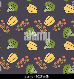 Colorful vegetable pattern with broccoli, bell pepper, and berries on dark background. Stock Vector