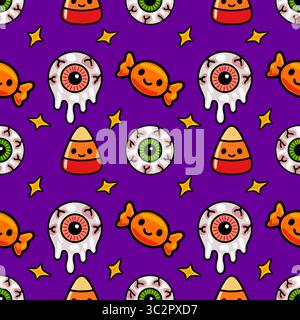 Seamless vector Halloween pattern with cute melting eyeballs, candy corn, and lollipops on a vibrant purple background, perfect for festive designs. Stock Vector