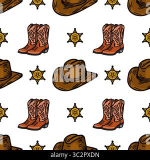 A repeating vector vector pattern featuring cowboy hats, sheriff badges, and cowboy boots. The design is colorful and playful, suitable for western-th Stock Vector
