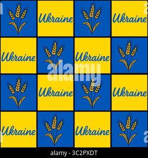 Seamless vector pattern featuring a repeating design of wheat stalks and the word Ukraine in blue script on alternating yellow and blue squares, repre Stock Vector