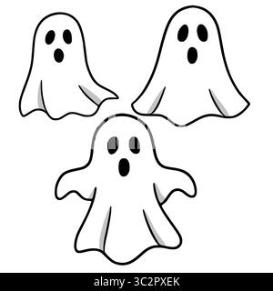A playful vector illustration featuring three cartoon ghosts with simple, bold outlines and a surprised expression, perfect for Halloween designs. Stock Vector