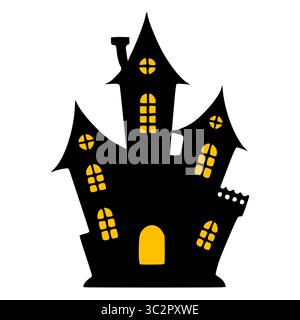 Spooky Halloween vector illustration of a haunted house with glowing yellow windows, perfect for holiday designs and decorations. Stock Vector