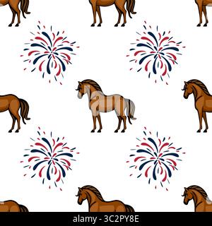 A seamless vector vector pattern featuring brown horses and colorful fireworks on a white background. The horses are depicted in a cartoon style, with Stock Vector