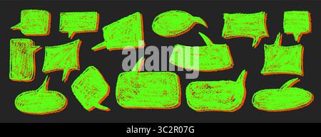 Vector set of quirky green speech bubbles and clouds with orange shadow. Wax and charcoal squiggle style on blackboard background, perfect for school Stock Vector