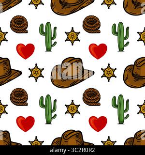 A playful vector vector pattern featuring cowboy hats, cacti, sheriff stars, hearts, and yarn balls on a white background. Ideal for western-themed de Stock Vector