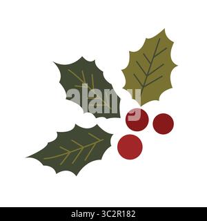 Holly berries with green leaves (Ilex aquifolium). Red winter berry, symbol of Christmas and New Year decor. Stylized flat vector illustration. Stock Vector