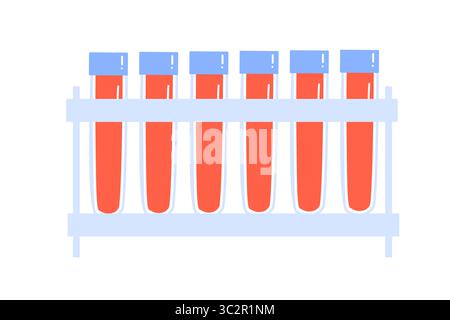 Six red test tubes in rack with blue caps on white background. Stock Vector