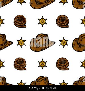 A repeating vector vector pattern featuring cowboy hats, sheriff stars, and rope coils on a white background. The design has a playful, western theme, Stock Vector