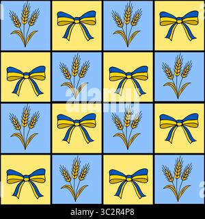Seamless vector pattern featuring alternating squares of blue and yellow, decorated with stylized wheat stalks and Ukrainian-colored bows, creating a Stock Vector