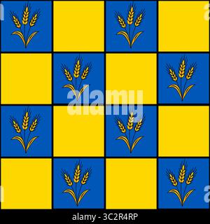 Seamless vector pattern with stylized wheat ears on a blue and yellow checkered background, offering a unique design for various applications. Stock Vector