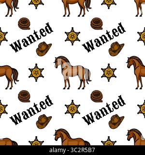 A whimsical vector vector pattern featuring brown horses, sheriff stars, cowboy hats, and wanted signs on a white background. Ideal for playful design Stock Vector