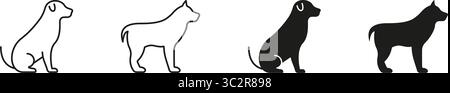 Dog Silhouette And Outline Icon Set. Canine Pet Symbol Collection In Sitting And Standing Poses. Animal Companion And Loyalty. Isolated Vector Stock Vector
