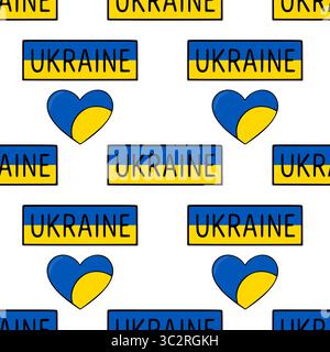 Seamless vector pattern featuring Ukrainian flag hearts and text Ukraine in a bold, hand-drawn style, creating a patriotic and joyful design. Stock Vector