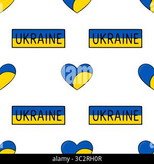Seamless vector pattern featuring Ukrainian hearts and UKRAINE text blocks, a vibrant design ideal for patriotic projects or textile prints. Stock Vector