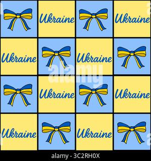 Seamless vector pattern featuring Ukrainian flag-colored bows and Ukraine lettering in a cheerful, repeating design, perfect for festive backgrounds o Stock Vector
