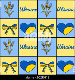 Seamless vector pattern featuring Ukrainian symbols: wheat, hearts in national colors, and bows, arranged in a checkered design on a pastel blue and y Stock Vector