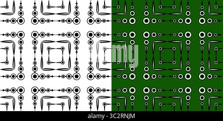 Green checkered geometric seamless pattern. Black white shapes on green background. Mosaic square tile. Bright background with complex texture. Clear Stock Vector