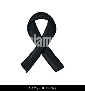 Black awareness ribbon in hand-drawn doodle vector style. Symbol of mourning, grief, loss, and remembrance. Ideal for memorial content, campaigns, and Stock Vector