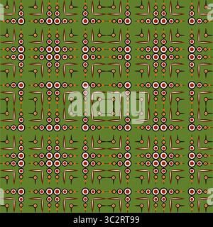 Colorful bright square geometric background. Abstract square seamless pattern. Circles and parallel perpendicular lines. Complex geometry shapes on gr Stock Vector