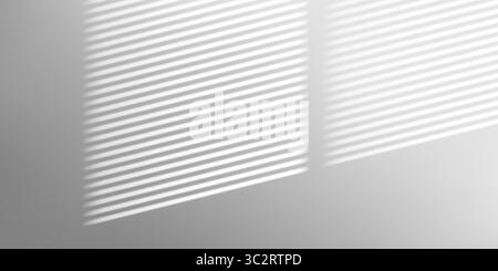 Warm sunlight filters through window blinds, casting linear shadows on grey studio wall. Minimal and abstract 3D backdrop with natural texture and soft interior light. Stock Vector