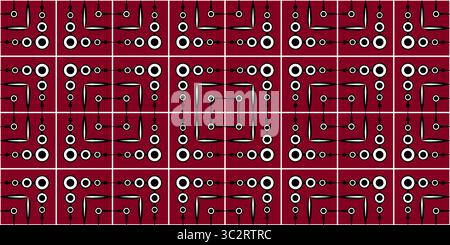 Red checkered geometric seamless pattern. Black white shapes on red background. Mosaic square tile. Bright background with complex texture. Clear stri Stock Vector
