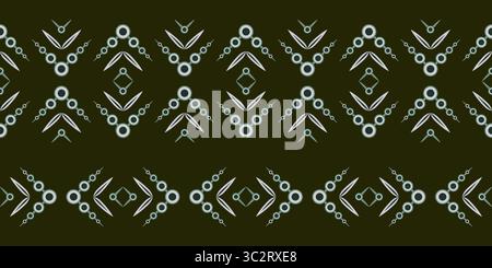 Dark abstract ethnic seamless border. Black circle and broken lines. Geometric linear elements. Complex square monochrome shapes on dark green backgro Stock Vector