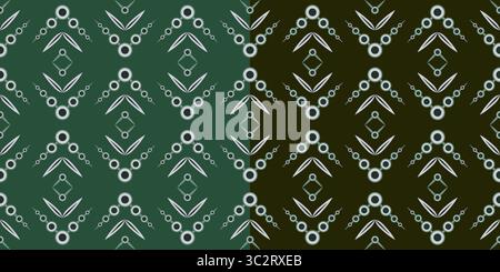 Dark abstract ethnic seamless pattern. Black circle and curved lines. Geometric linear elements. Complex square monochrome shapes on dark green backgr Stock Vector