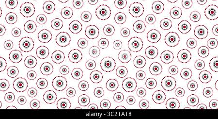 Seamless pattern of round elements different sizes. Ornament of random circles and dots. Red, black circular motifs on white background. Simple abstra Stock Vector