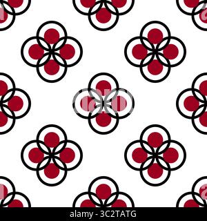 Seamless pattern of stylized square flowers. Ornament of repeating round elements. Red, black circular motifs on white background. Floral geometry fol Stock Vector
