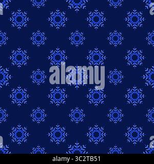 Dark blue background of snowflakes. Winter ornate seamless pattern of stars. Magical christmas ornament in shades of blue. Classic Christmas decor of Stock Vector