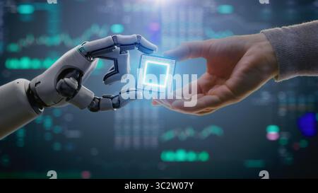 Futuristic Concept of Humanity and Artificial Intelligence Collaboration: Visualization of Human Giving Computer Microchip for Data Processing to Humanoid Robot. Symbol of Human-Machine Teamwork. Stock Photo