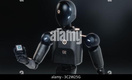 Visualization of High-Tech Humanoid Robot Holding Computer Microchip for Data Information Processing. Motherboard CPU Processor with AI Symbol. Futuristic Artificial Intelligence Technology Concept. Stock Photo